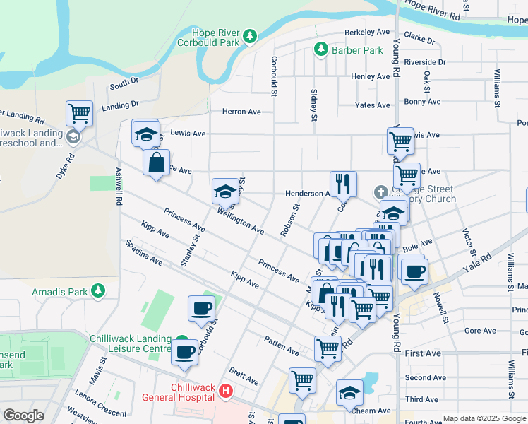 map of restaurants, bars, coffee shops, grocery stores, and more near 9495 Corbould Street in Chilliwack