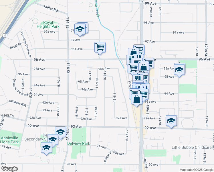 map of restaurants, bars, coffee shops, grocery stores, and more near 9456 118 Street in Delta