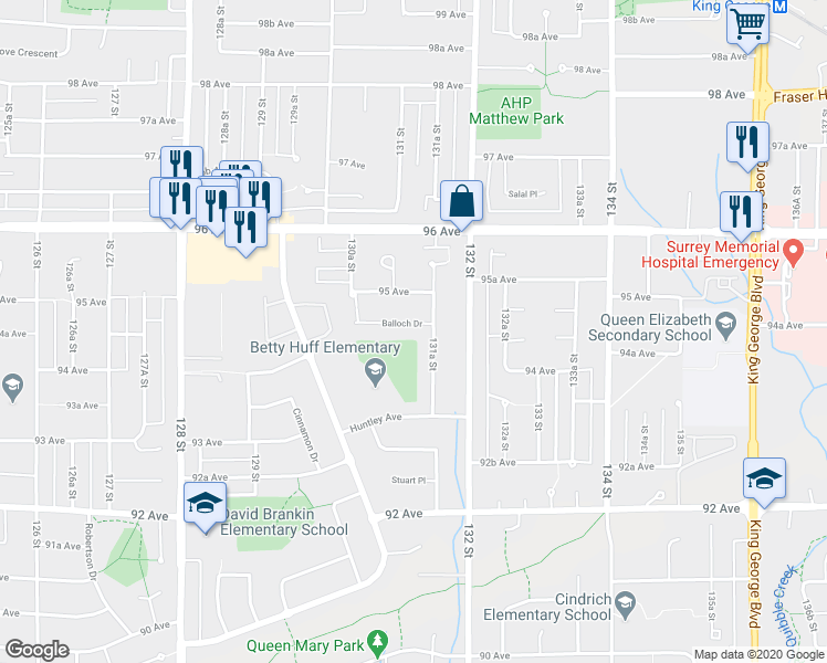 map of restaurants, bars, coffee shops, grocery stores, and more near 13124 Balloch Drive in Surrey