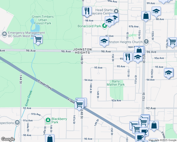 map of restaurants, bars, coffee shops, grocery stores, and more near 9469 148 A Street in Surrey