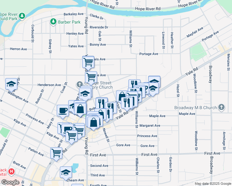 map of restaurants, bars, coffee shops, grocery stores, and more near 9488 Victor Street in Chilliwack