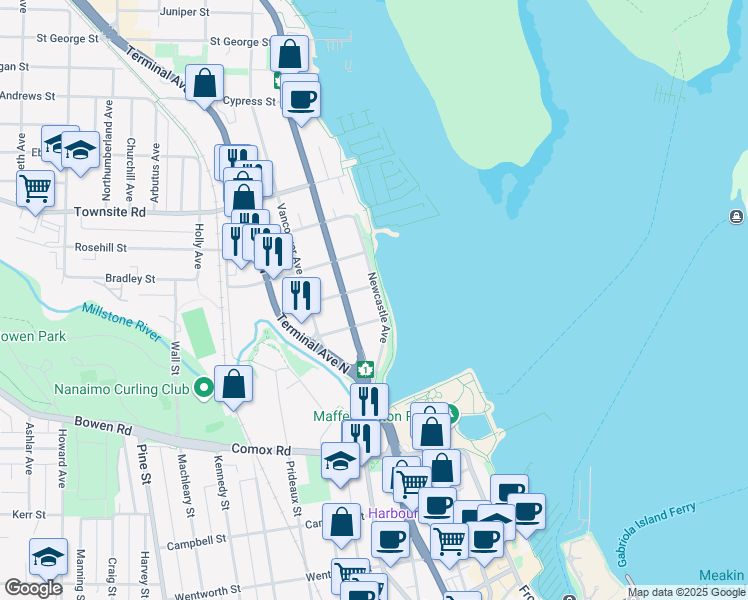 map of restaurants, bars, coffee shops, grocery stores, and more near 143 Newcastle Avenue in Nanaimo