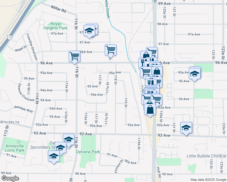 map of restaurants, bars, coffee shops, grocery stores, and more near 9453 118 Street in Delta