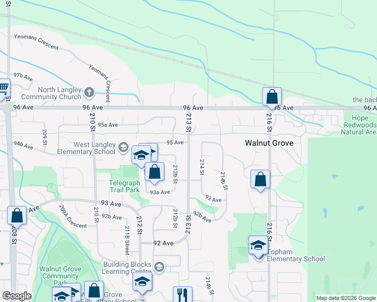 map of restaurants, bars, coffee shops, grocery stores, and more near 9461 213 Street in Langley
