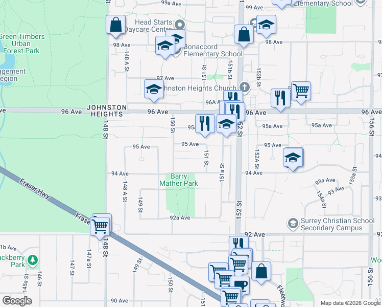 map of restaurants, bars, coffee shops, grocery stores, and more near 15053 94A Avenue in Surrey