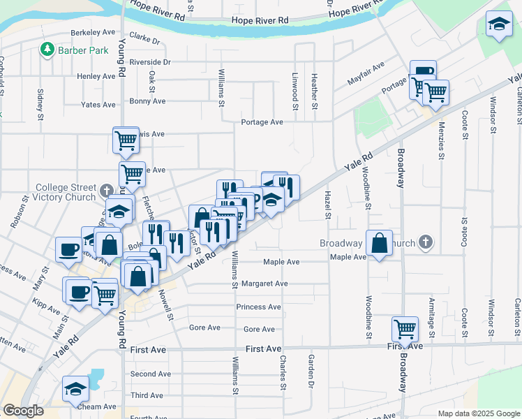 map of restaurants, bars, coffee shops, grocery stores, and more near 46357 Yale Road in Chilliwack