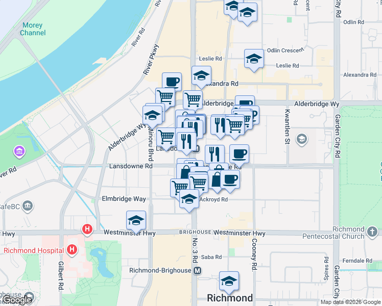map of restaurants, bars, coffee shops, grocery stores, and more near 5599 Number 3 Road in Richmond