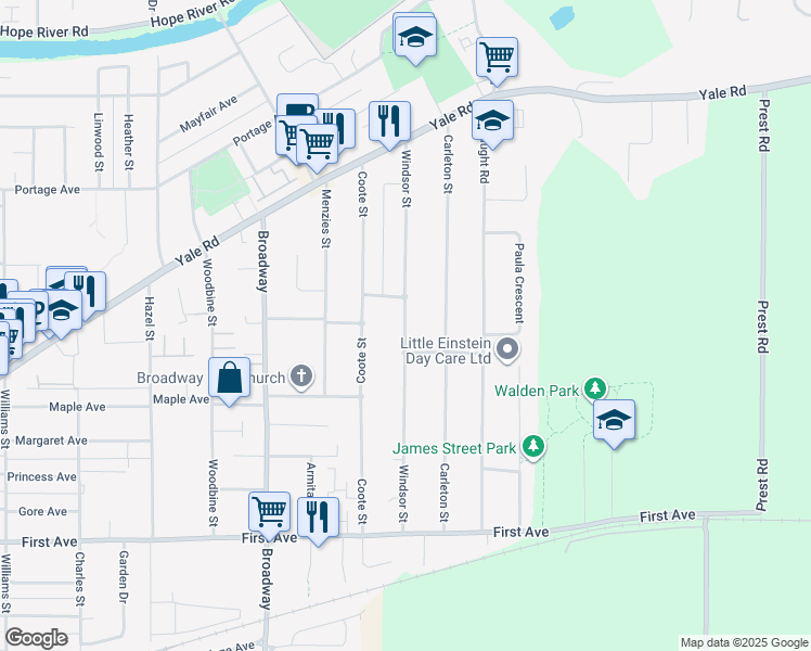 map of restaurants, bars, coffee shops, grocery stores, and more near Windsor Street in Chilliwack