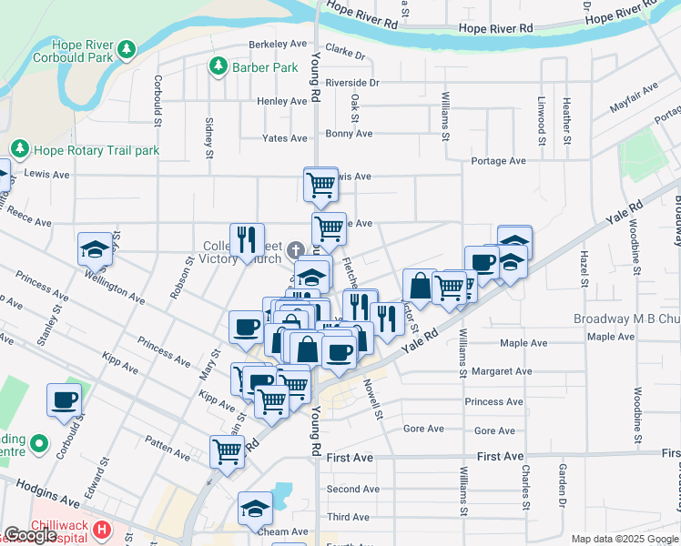 map of restaurants, bars, coffee shops, grocery stores, and more near 46031 Cleveland Avenue in Chilliwack