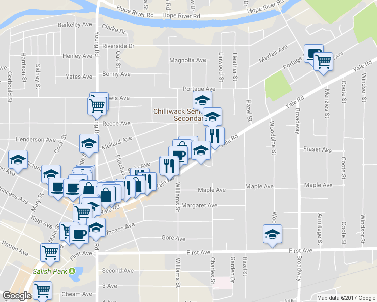 map of restaurants, bars, coffee shops, grocery stores, and more near 9490 Williams Street in Chilliwack
