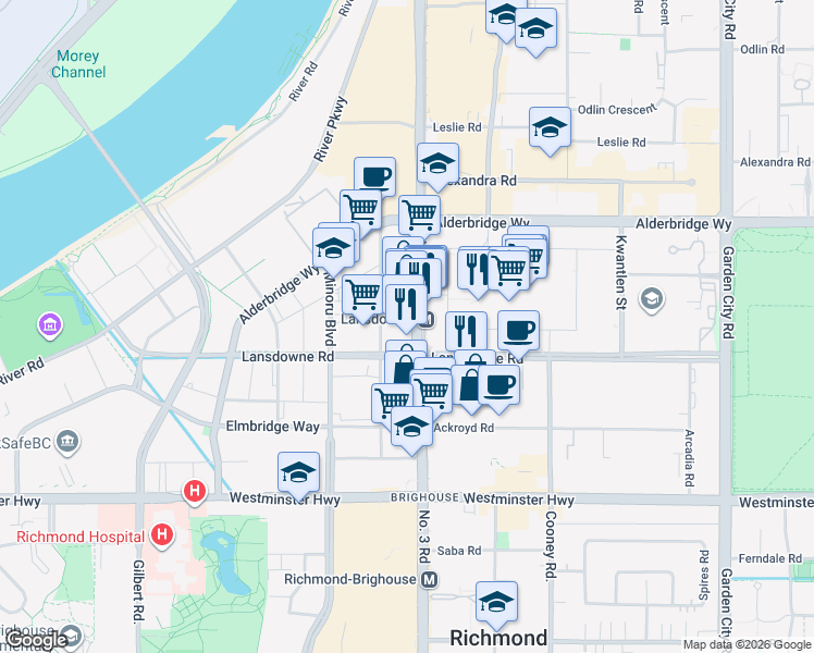 map of restaurants, bars, coffee shops, grocery stores, and more near 5551 Number 3 Road in Richmond
