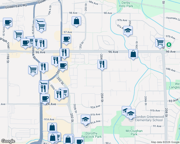 map of restaurants, bars, coffee shops, grocery stores, and more near 20324 94B Avenue in Langley Township