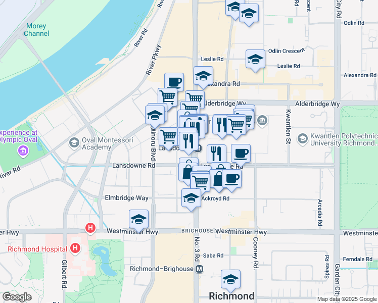 map of restaurants, bars, coffee shops, grocery stores, and more near 5593 Number 3 Road in Richmond