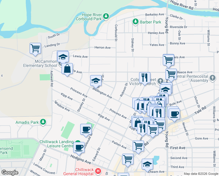 map of restaurants, bars, coffee shops, grocery stores, and more near 45668 Victoria Avenue in Chilliwack