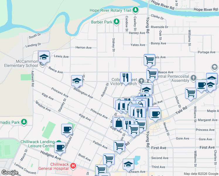 map of restaurants, bars, coffee shops, grocery stores, and more near 9518 Robson Street in Chilliwack