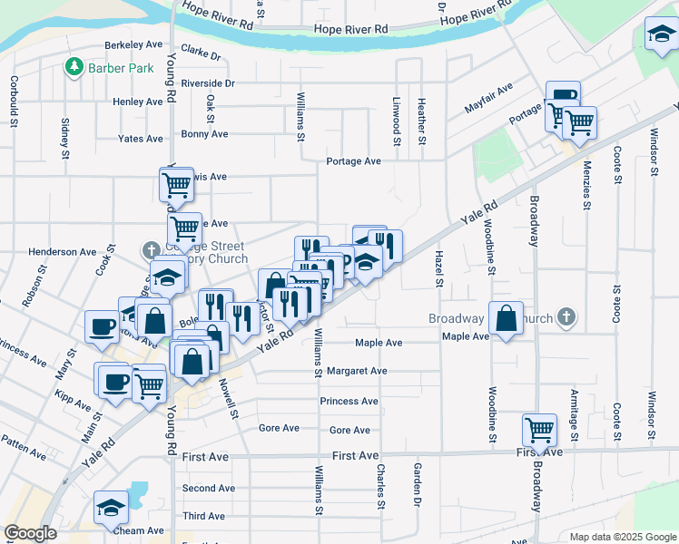 map of restaurants, bars, coffee shops, grocery stores, and more near 46260 Harford Street in Chilliwack