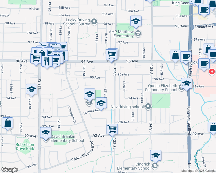 map of restaurants, bars, coffee shops, grocery stores, and more near 9476 131A Street in Surrey