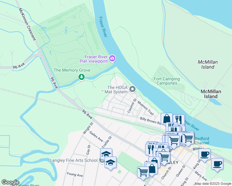 map of restaurants, bars, coffee shops, grocery stores, and more near 9468 Waska Street in Langley