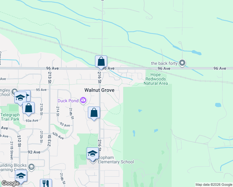 map of restaurants, bars, coffee shops, grocery stores, and more near 9480 216B Street in Langley Township