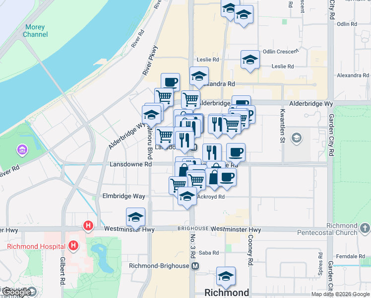 map of restaurants, bars, coffee shops, grocery stores, and more near 5593 Number 3 Road in Richmond