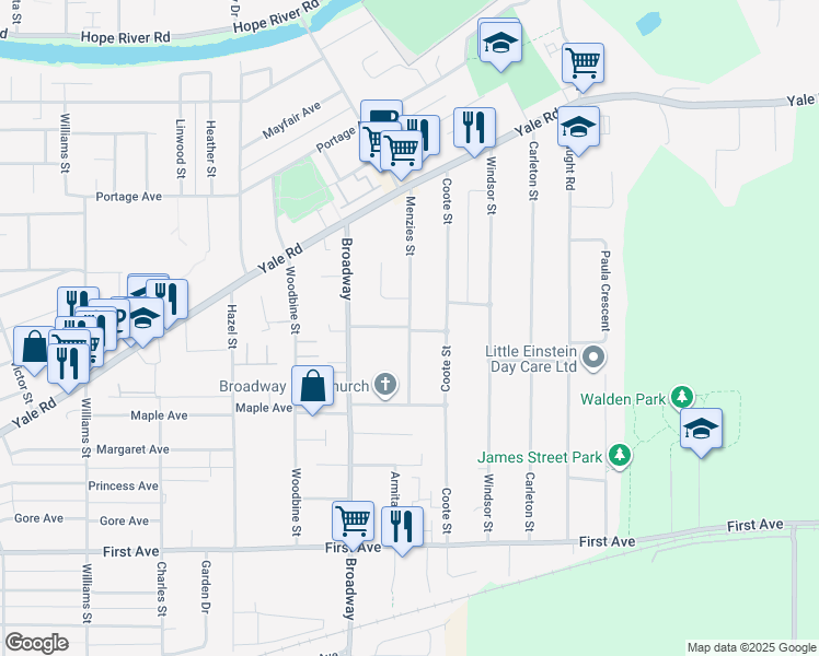 map of restaurants, bars, coffee shops, grocery stores, and more near Fraser Avenue in Chilliwack
