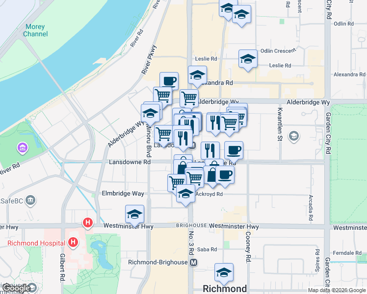 map of restaurants, bars, coffee shops, grocery stores, and more near 5593 Number 3 Road in Richmond