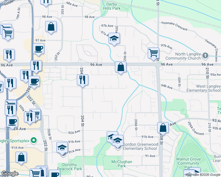 map of restaurants, bars, coffee shops, grocery stores, and more near 20554 94B Avenue in Langley
