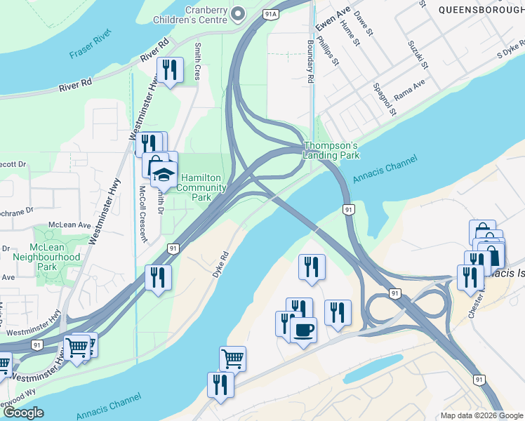 map of restaurants, bars, coffee shops, grocery stores, and more near 23740 Dyke Road in Richmond
