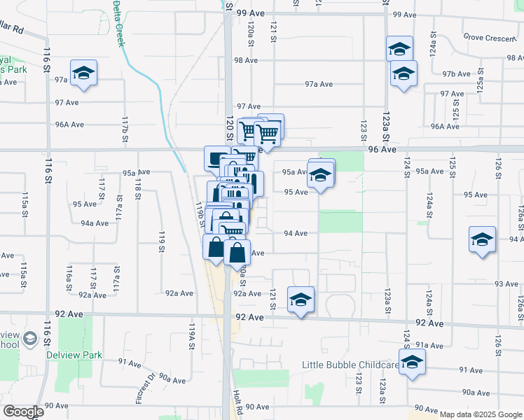 map of restaurants, bars, coffee shops, grocery stores, and more near 9405 121 Street in Surrey