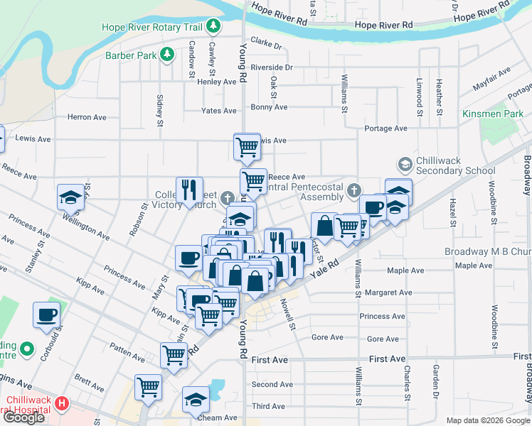 map of restaurants, bars, coffee shops, grocery stores, and more near 46031 Cleveland Avenue in Chilliwack
