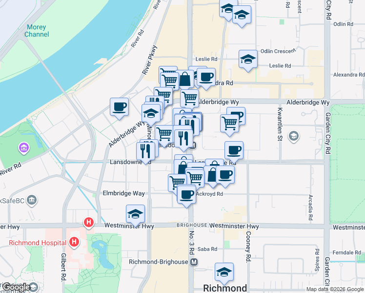 map of restaurants, bars, coffee shops, grocery stores, and more near in Richmond