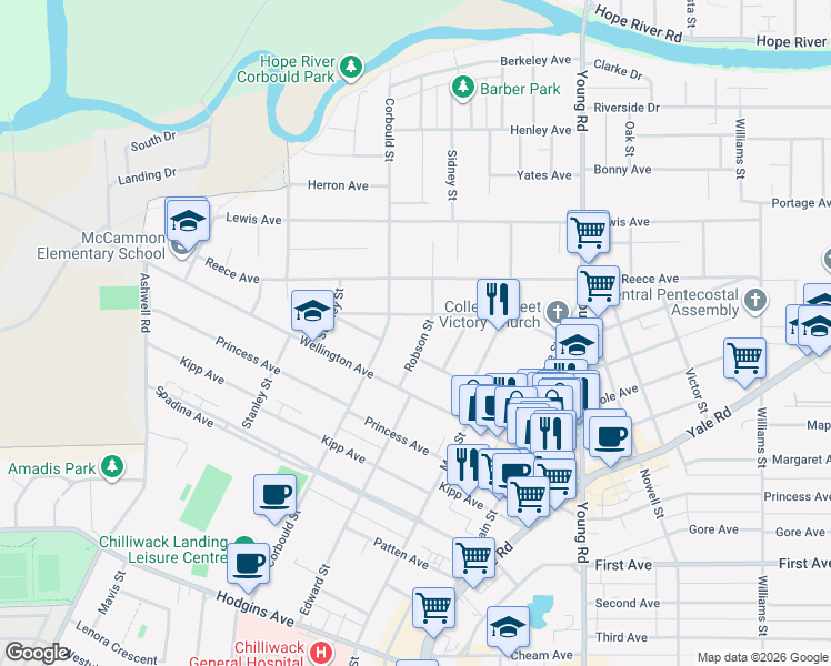 map of restaurants, bars, coffee shops, grocery stores, and more near 9511 Robson Street in Chilliwack