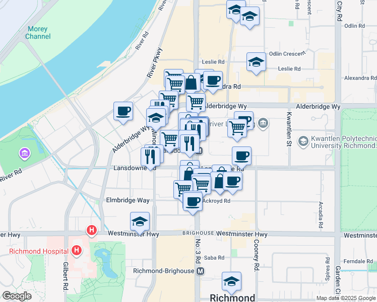 map of restaurants, bars, coffee shops, grocery stores, and more near 5591 Number 3 Road in Richmond