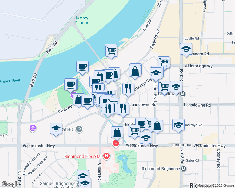 map of restaurants, bars, coffee shops, grocery stores, and more near 5540 Hollybridge Way in Richmond