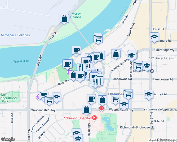 map of restaurants, bars, coffee shops, grocery stores, and more near 6628 River Road in Richmond