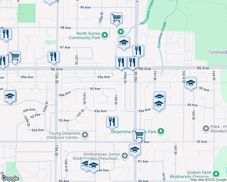 map of restaurants, bars, coffee shops, grocery stores, and more near 15886 95 Avenue in Surrey