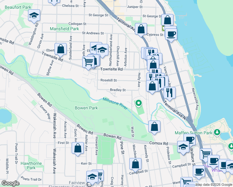 map of restaurants, bars, coffee shops, grocery stores, and more near 571 Bradley Street in Nanaimo