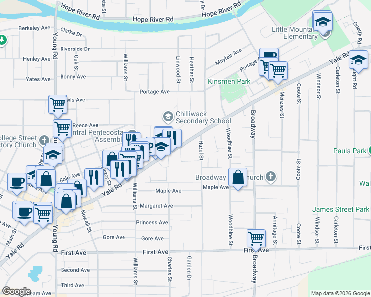 map of restaurants, bars, coffee shops, grocery stores, and more near 46384 Yale Road in Chilliwack