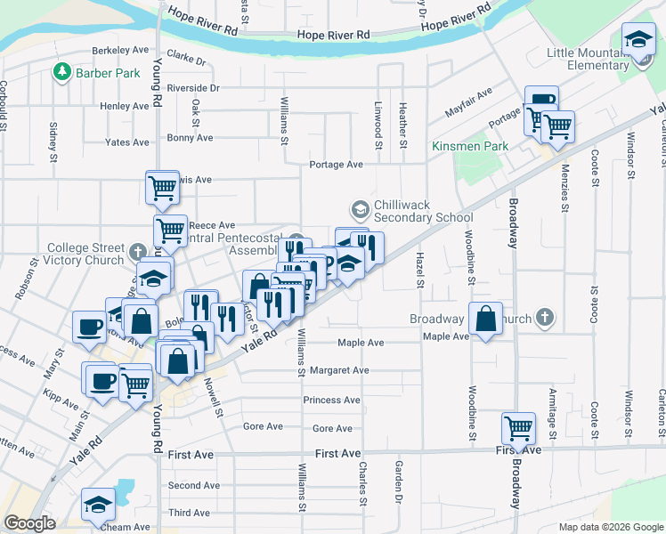 map of restaurants, bars, coffee shops, grocery stores, and more near 9516 Rotary Street in Chilliwack