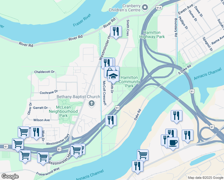 map of restaurants, bars, coffee shops, grocery stores, and more near Smith Drive in Richmond