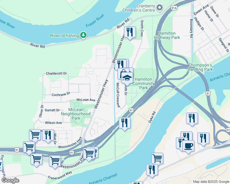 map of restaurants, bars, coffee shops, grocery stores, and more near 5411 McColl Crescent in Richmond