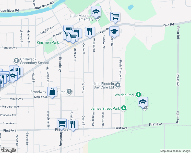 map of restaurants, bars, coffee shops, grocery stores, and more near 9510 Windsor Street in Chilliwack