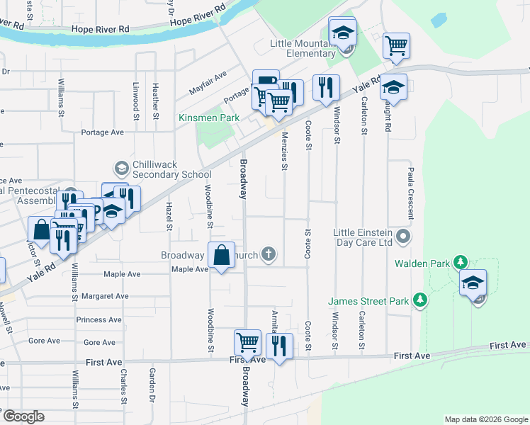 map of restaurants, bars, coffee shops, grocery stores, and more near 9493 Menzies Street in Chilliwack