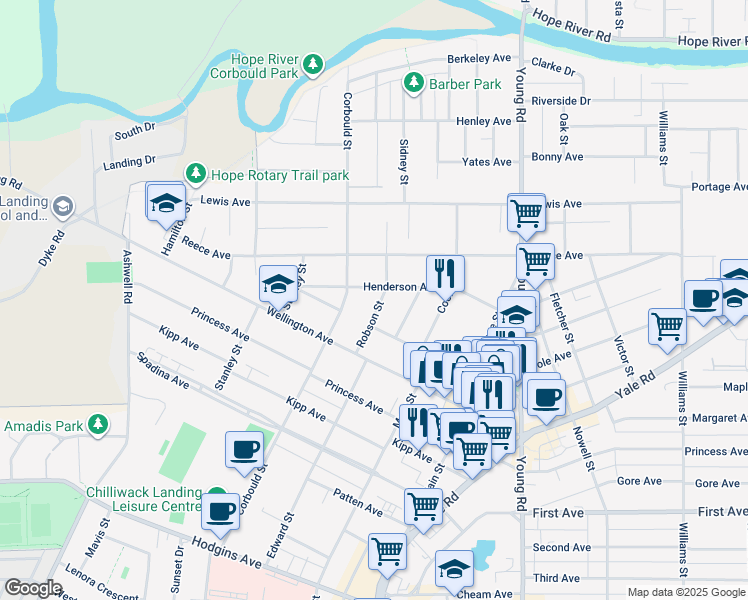 map of restaurants, bars, coffee shops, grocery stores, and more near 9521 Robson Street in Chilliwack