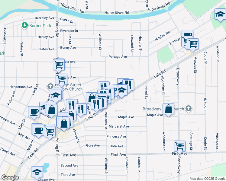 map of restaurants, bars, coffee shops, grocery stores, and more near Harford Street in Chilliwack