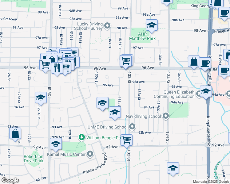 map of restaurants, bars, coffee shops, grocery stores, and more near 13127 Balloch Drive in Surrey