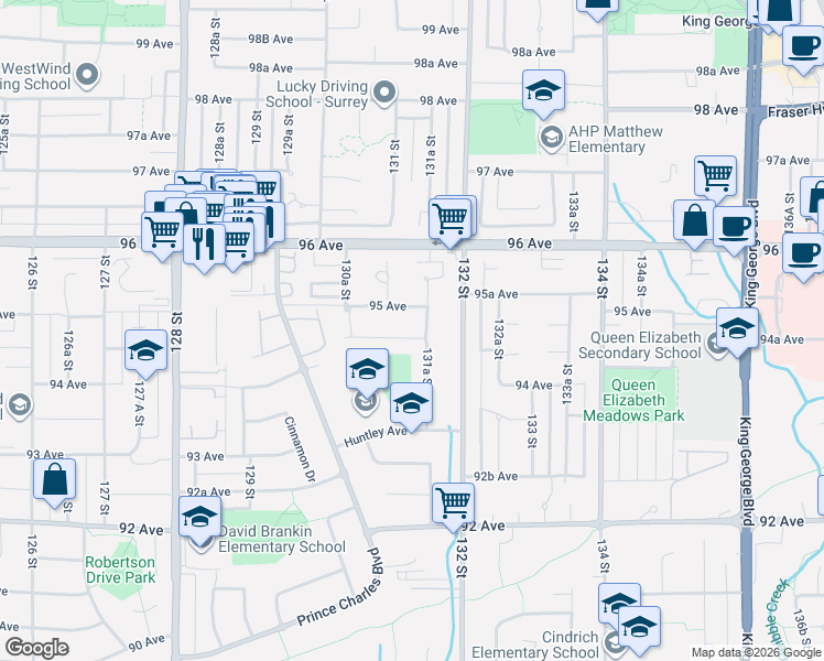 map of restaurants, bars, coffee shops, grocery stores, and more near 13127 Balloch Drive in Surrey