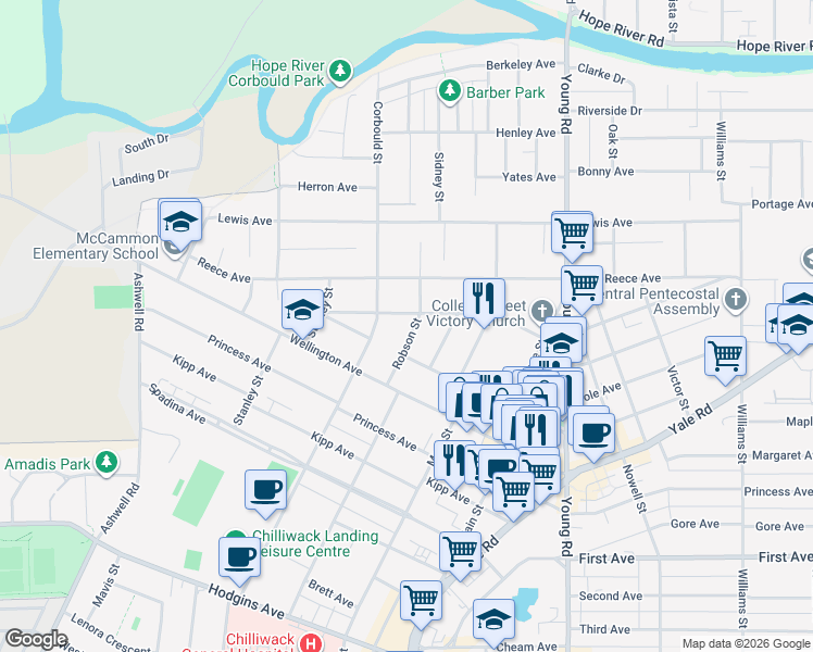 map of restaurants, bars, coffee shops, grocery stores, and more near 9521 Robson Street in Chilliwack