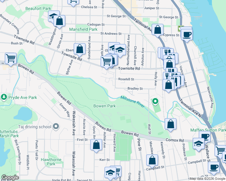 map of restaurants, bars, coffee shops, grocery stores, and more near 309 Millstone Avenue in Nanaimo