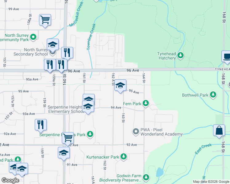 map of restaurants, bars, coffee shops, grocery stores, and more near 9486 162 A Street in Surrey